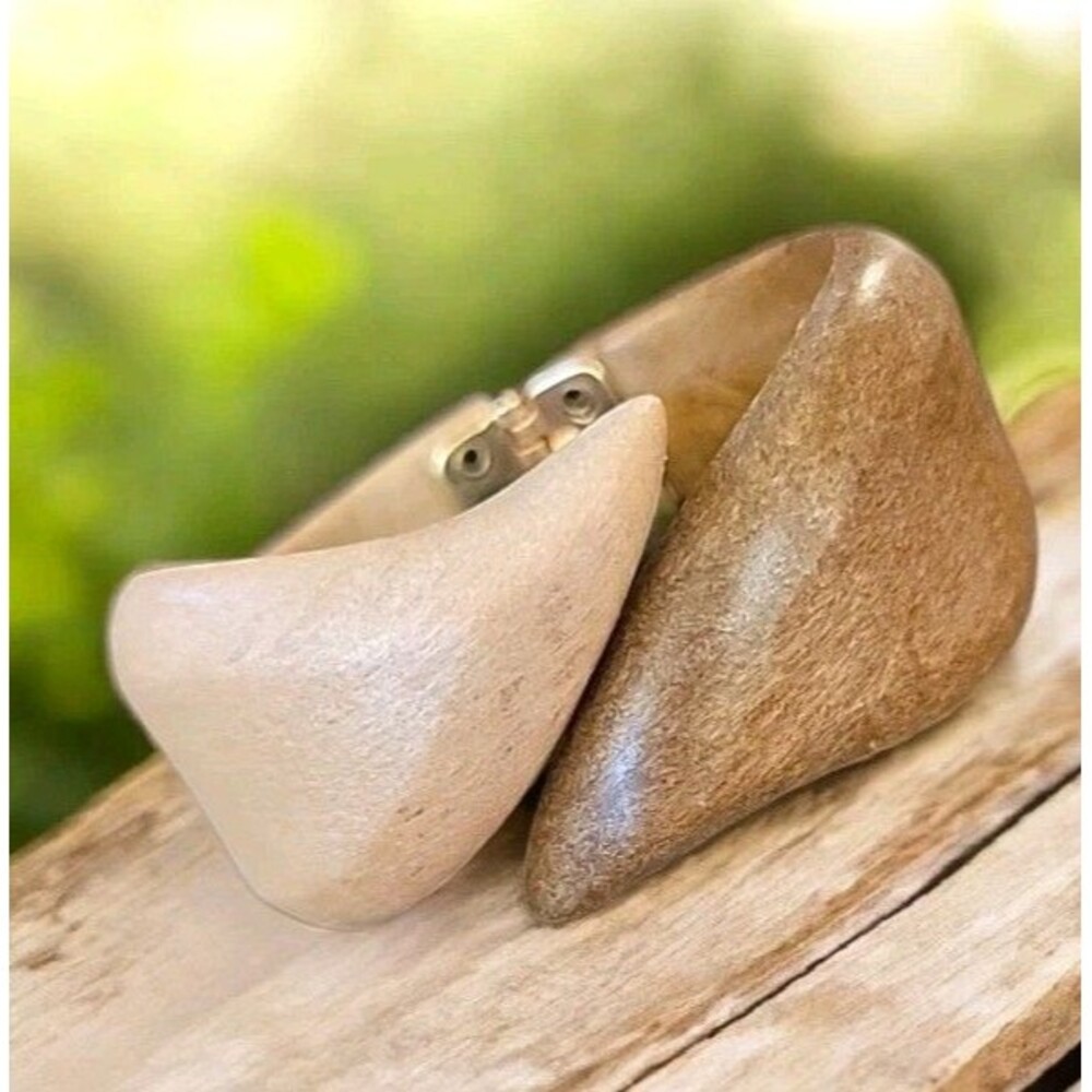 Sculptural Wood Composite Clamp Bracelet Two Tone Lightweight Vintage 6" Wrist